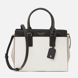 Kate Spade Cameron Medium Satchel Shoulder Tote Bag White Beige Black Leather